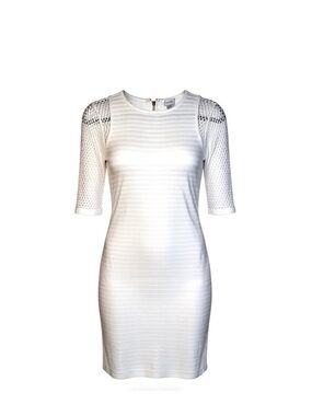 Cache White Ribbed Sheath Midi Dress | Textured Knit | Gold Zip Back